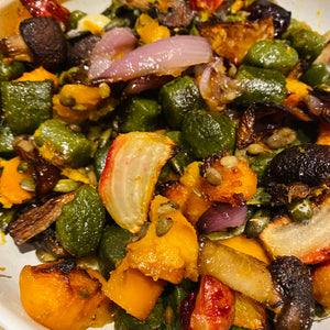 Roast vegetables with lentils and gnocchi