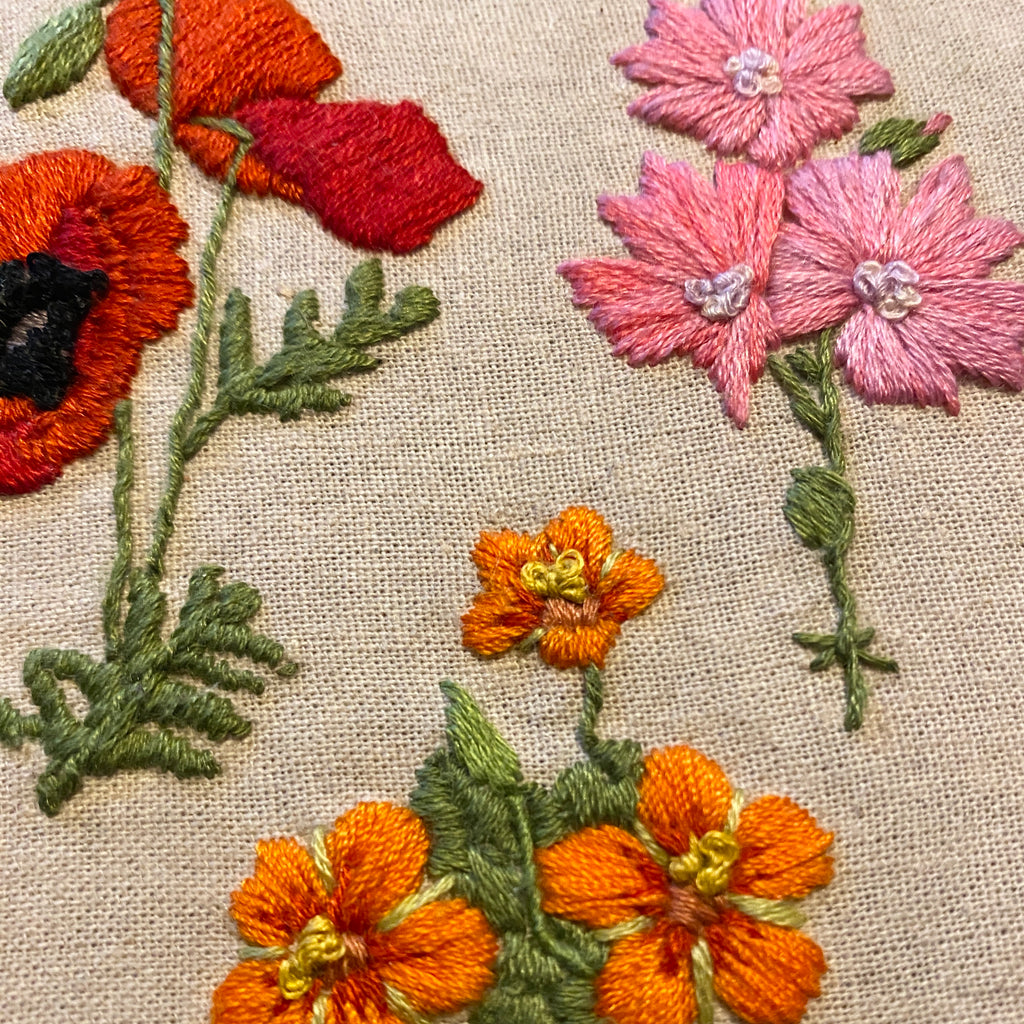 Stick and stitch embroidery - wildflowers - Part two - Poppy, Scarlet Pimpernel and Musk Mallow