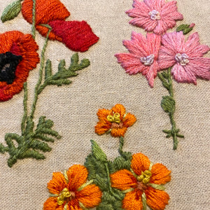 Stick and stitch embroidery - wildflowers - Part two - Poppy, Scarlet Pimpernel and Musk Mallow