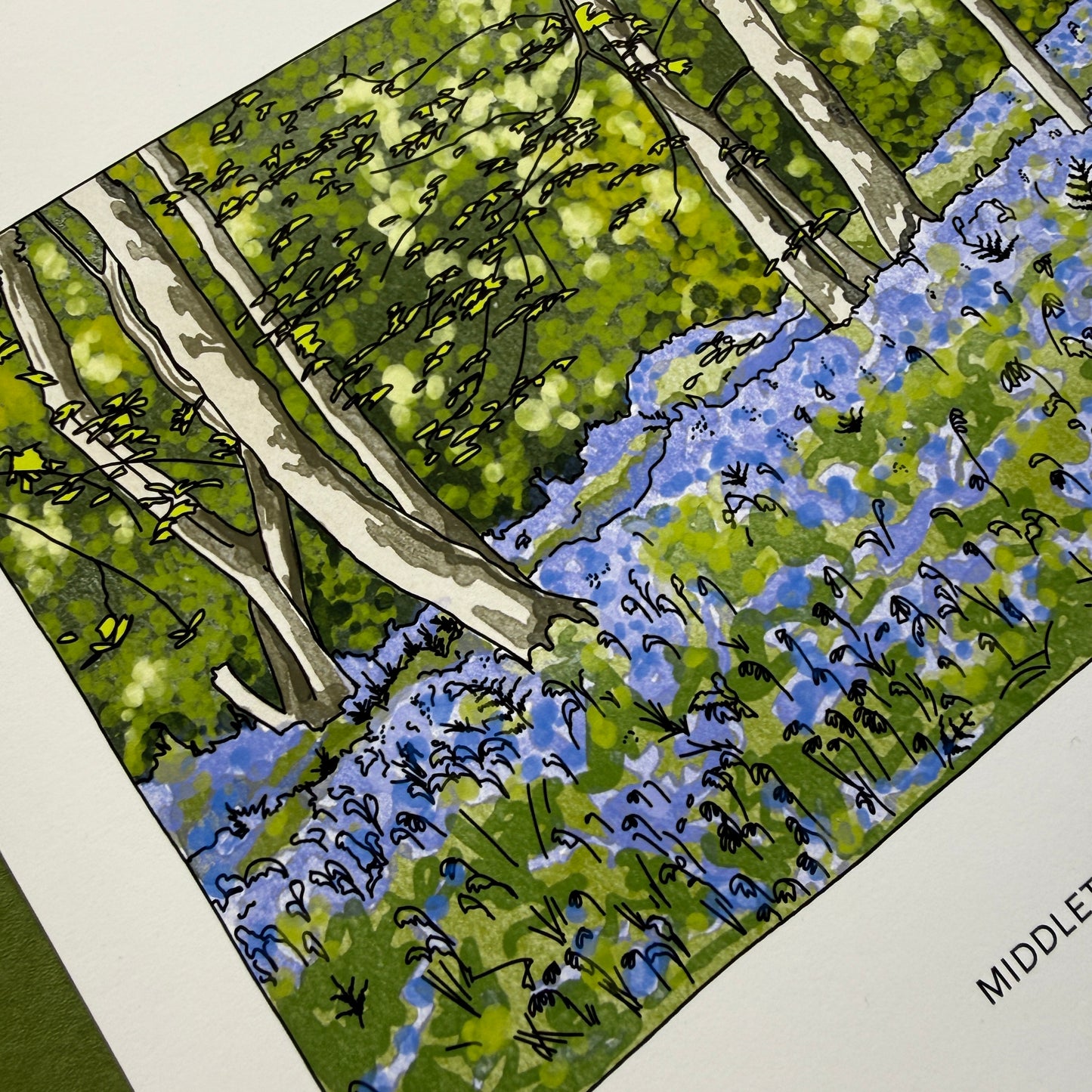 Close up of bluebell woodland landscape artwork print By kate broughton