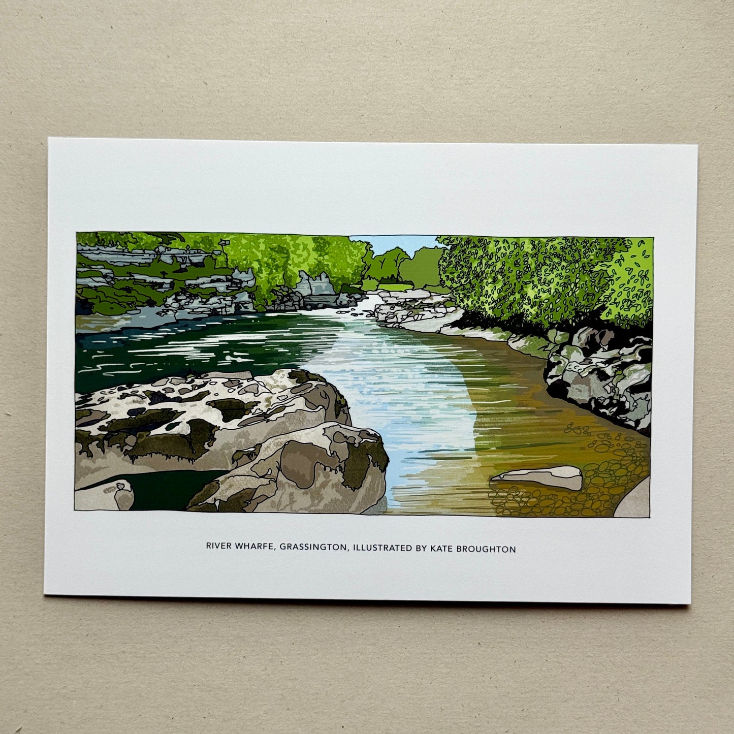 Illustration of a river scene with rocks and trees on a beige background. Labelled below as River Wharfe, Grassington.