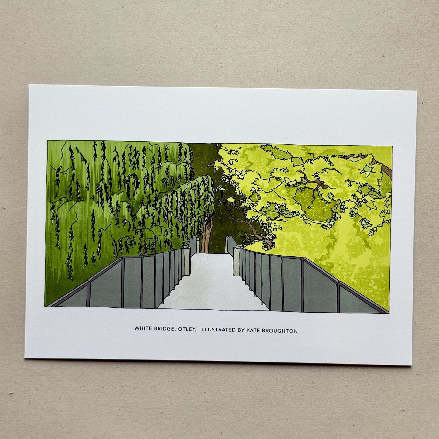 A print with an illustration of the white bridge in Otley by Kate Broughton