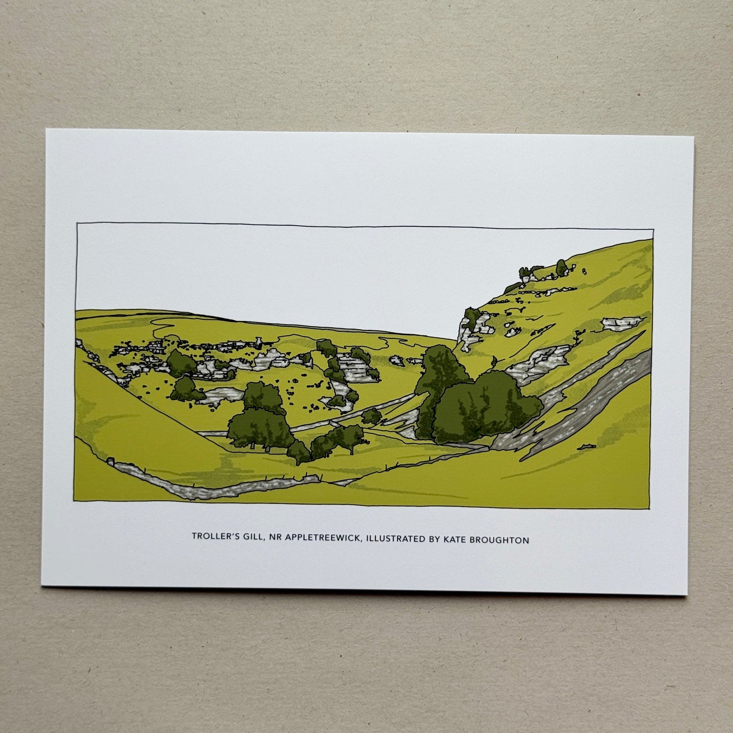 Illustration of a landscape with greenery and dry stone walls. Labelled Troller's Gill, Nr Appletreewick, Yorkshire