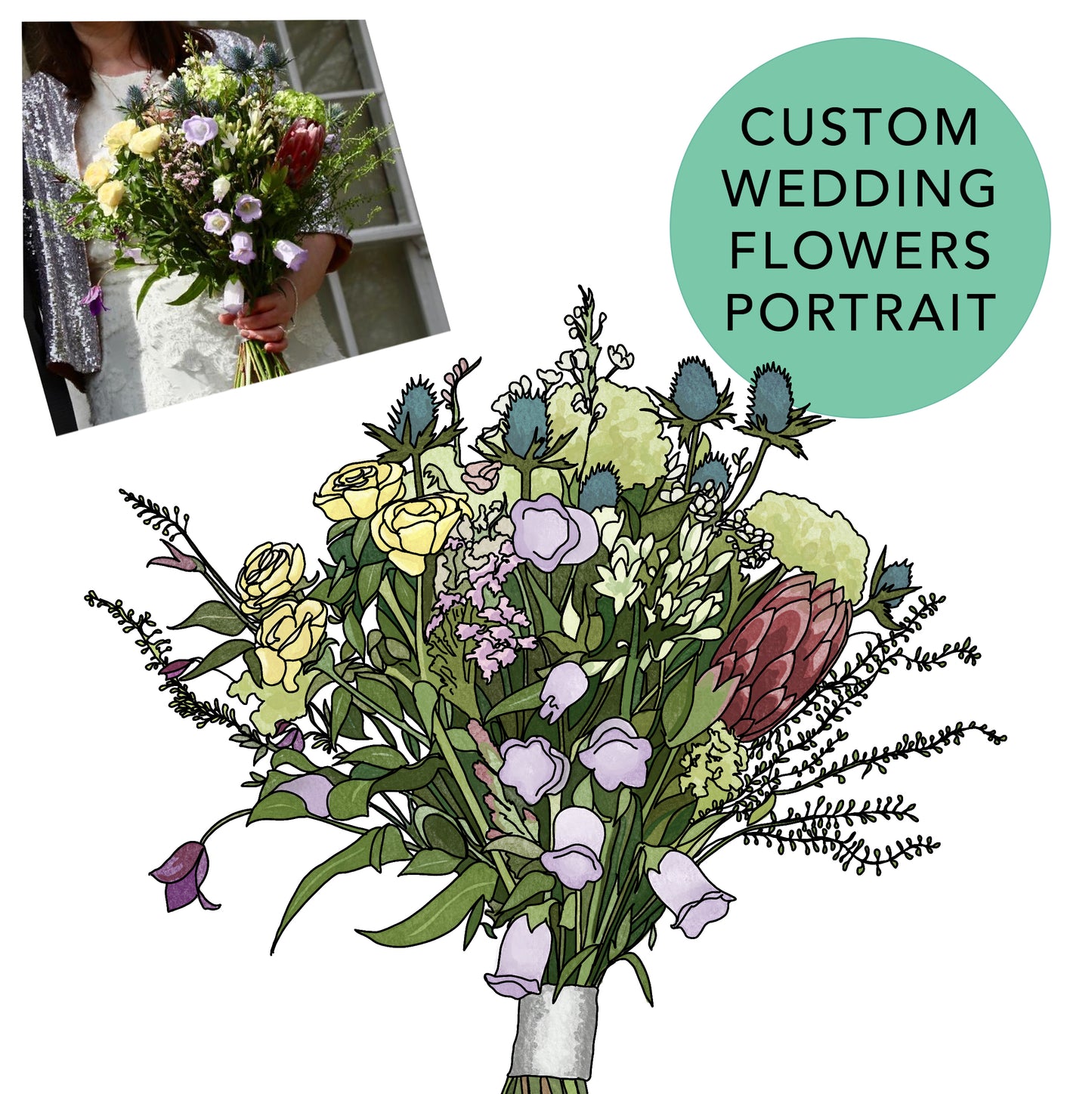 Illustration of a bouquet of flowers with 'Custom Wedding Flowers Portrait' text.