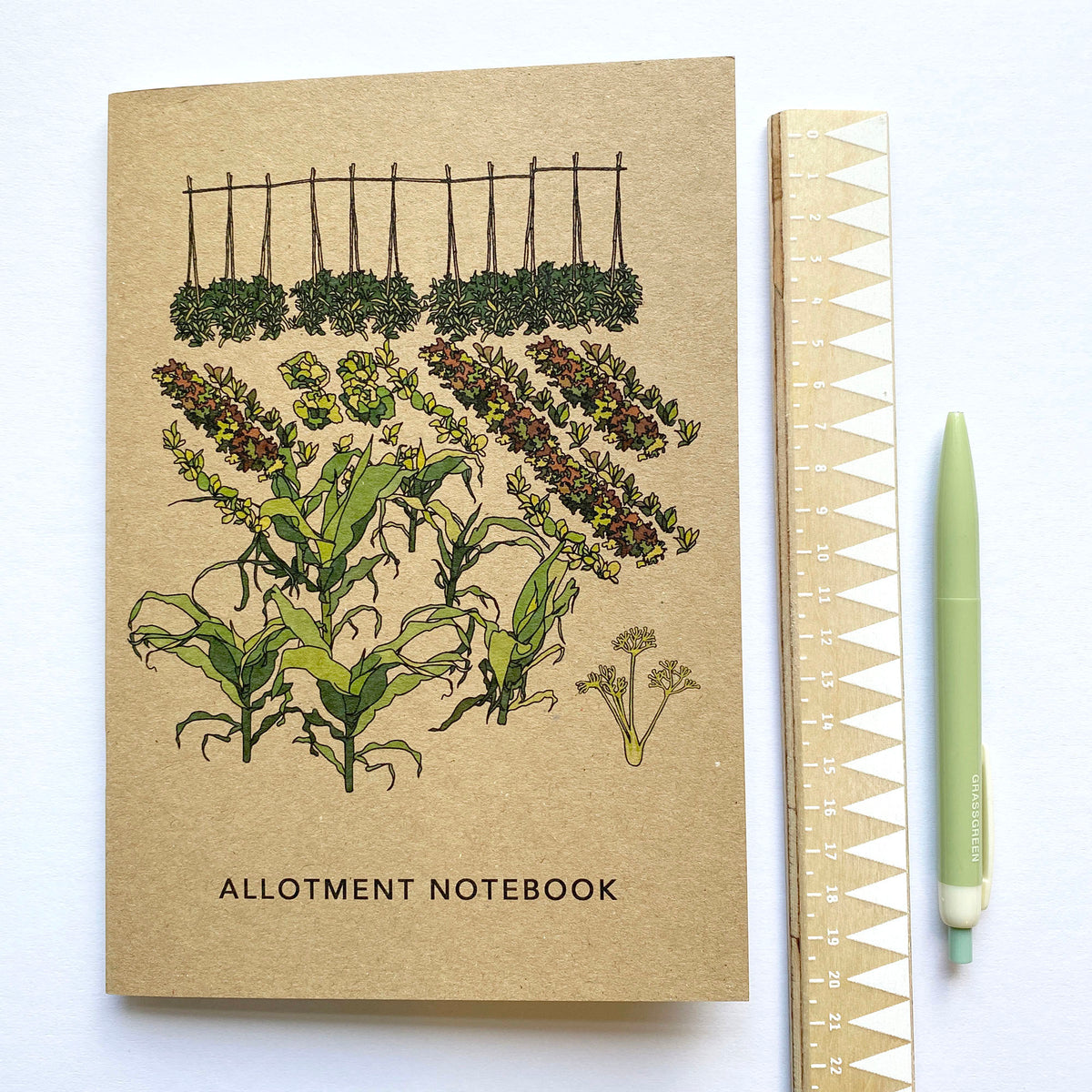 allotment notebook with illustration of a vegetable plot, printed onto brown Kraft card