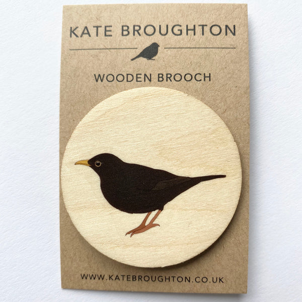 Blackbird wooden brooch