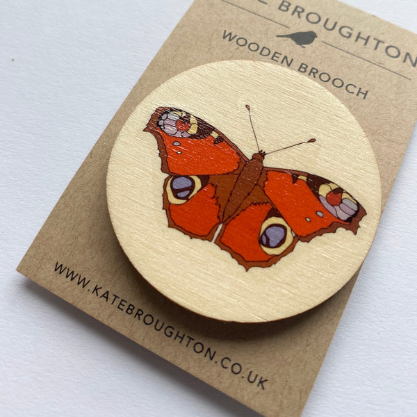 Peacock Butterfly wooden brooch