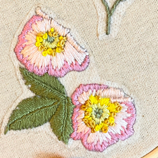 Dog rose 'stick and stitch' embroidery design