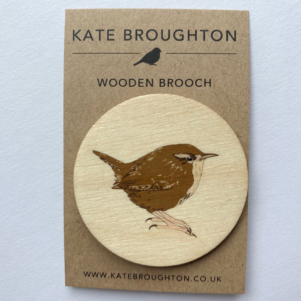 Wren wooden brooch