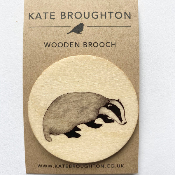 Badger wooden brooch