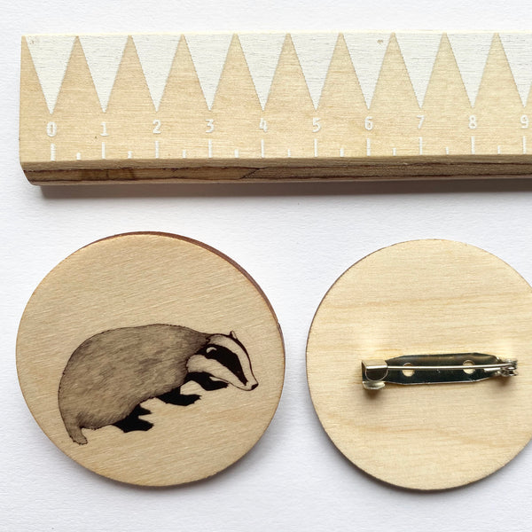 Badger wooden brooch