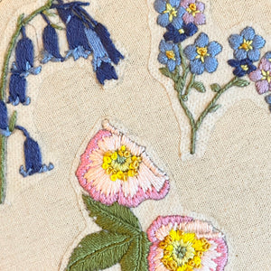 Stick and stitch embroidery - Wildflowers - Part one - Bluebell / forget me not / dog rose