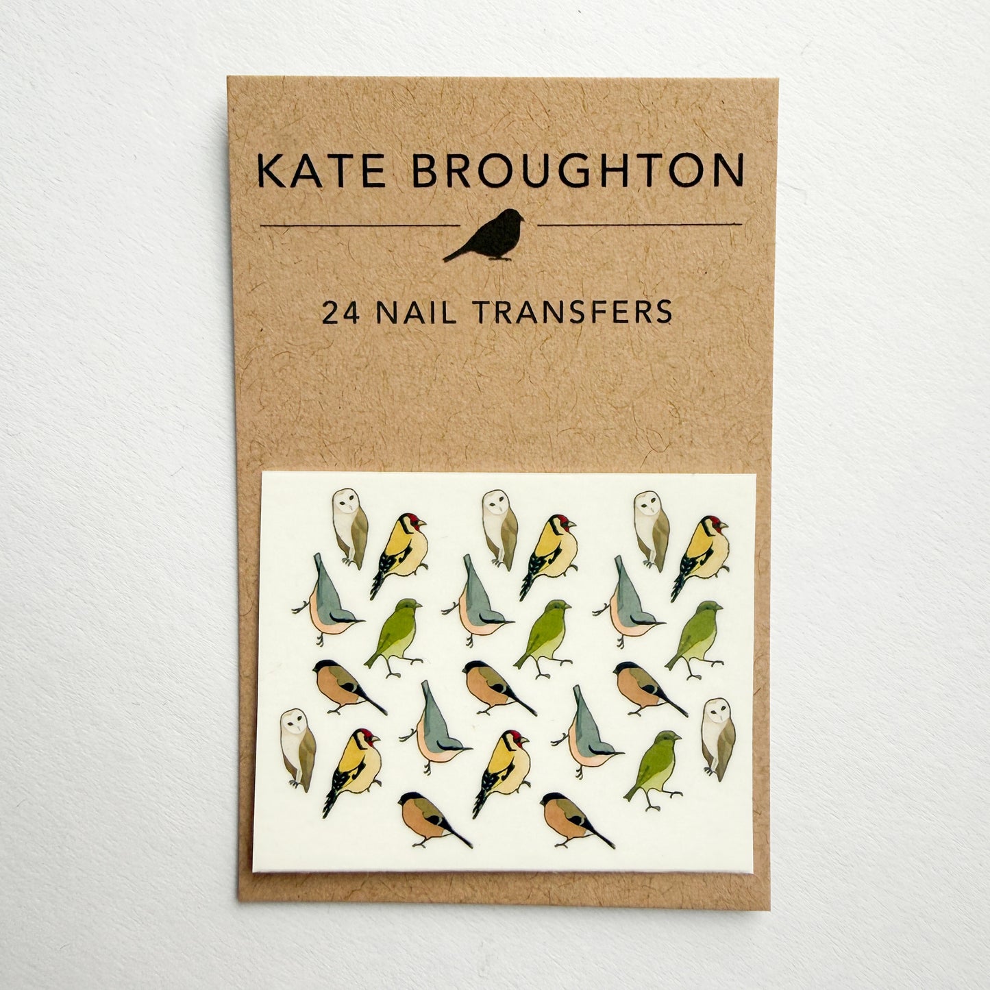 Kate Broughton nail transfers with bird illustrations on a white background with eco friendly packaging 