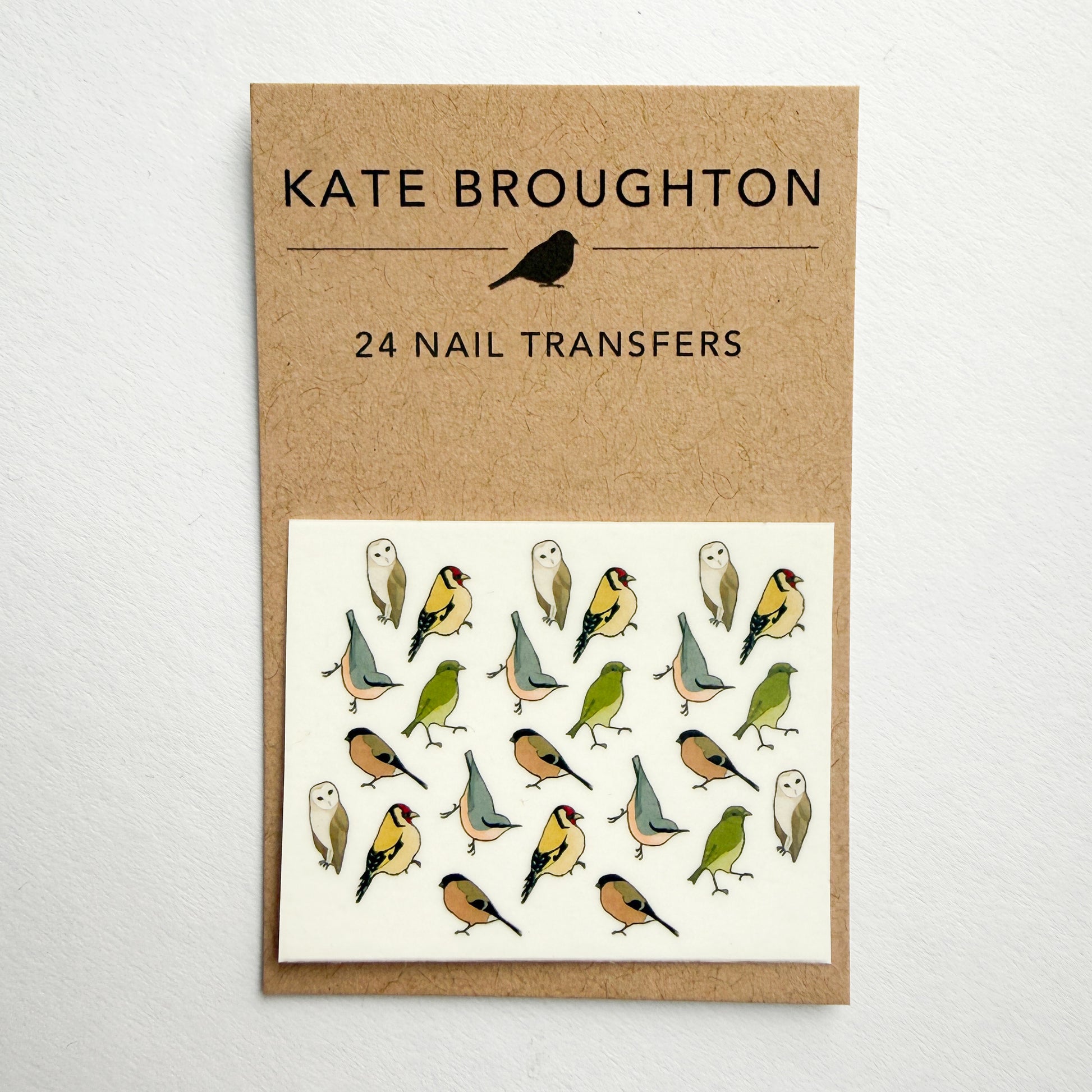 Kate Broughton nail transfers with bird illustrations on a white background with eco friendly packaging 