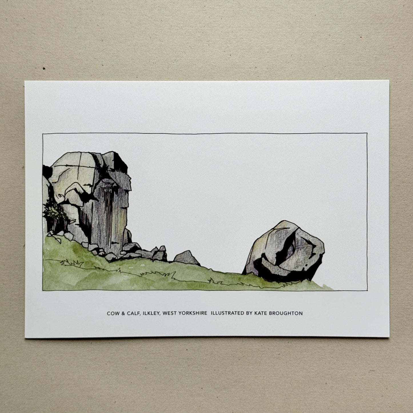 Illustration of a rock formation on a white background, labelled: Cow & Calf, Ilkley, West Yorkshire.