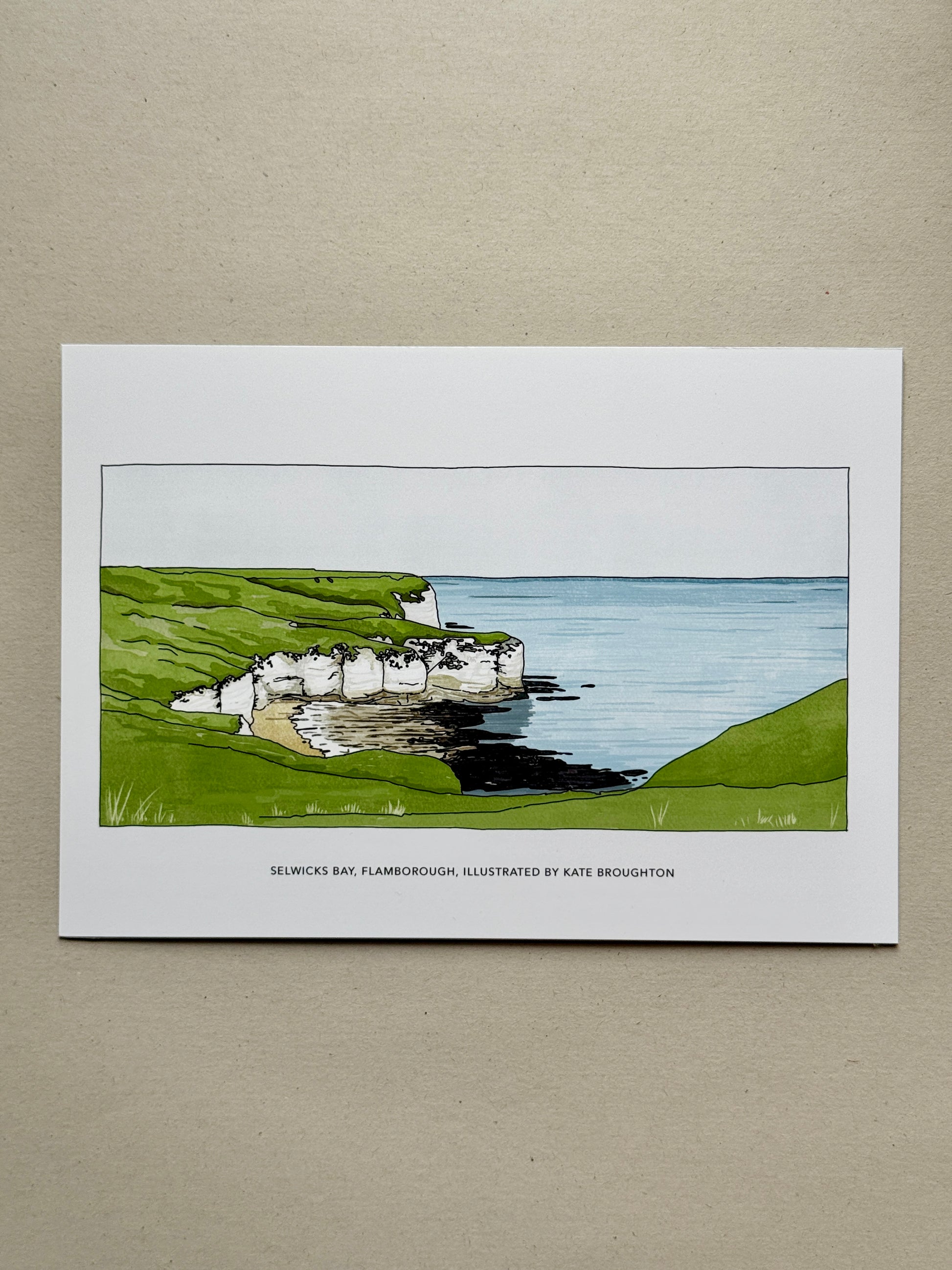 Illustration of a Flamborough Selwicks Bay coastal scene with cliffs and sea.