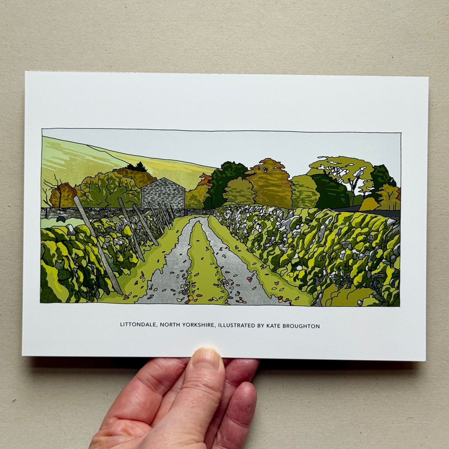Hand holding an Illustration of a rural landscape with a path. Labelled: Littondale, North Yorkshire, Illustrated by Kate Broughton.