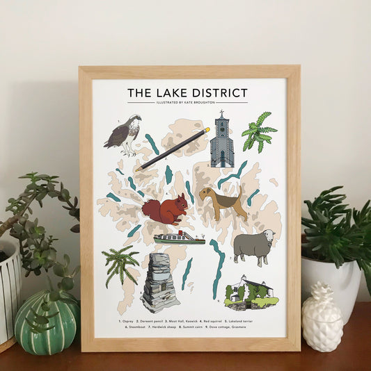 A print featuring various illustrations related to the Lake District, including an osprey, pencil, Moot Hall, red squirrel, terrier, steamboat, herdwick sheep, summit cairn, and Dove Cottage.