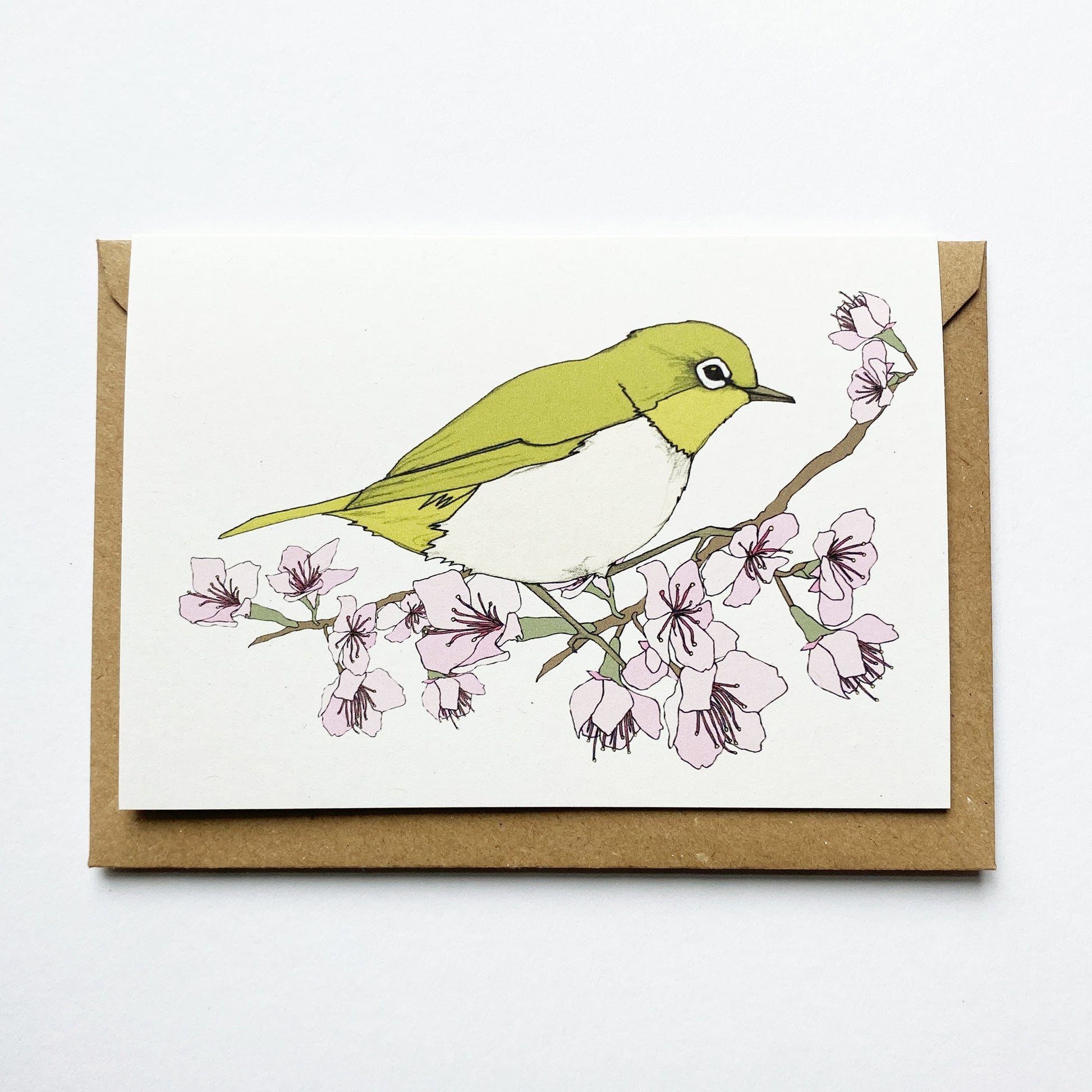Sakura Cherry Blossom and White-eye bird Card - katebroughton