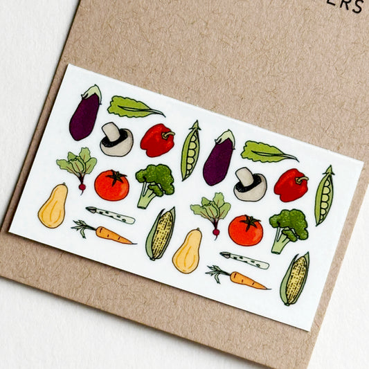 Nail transfer sheet with hand drawn illustrations of vegetables on a recycled backing card. Made by Kate broughton