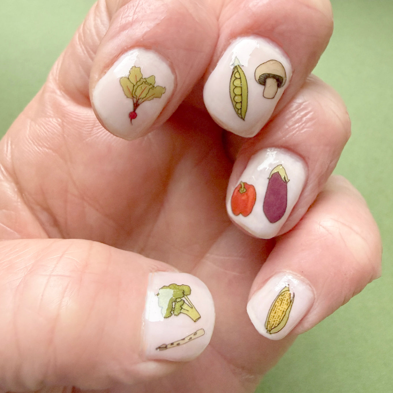vegetable nail transfers - hand drawn, broccoli, mushroom, asparagus, beetroot, pepper, pea pod, aubergine, sweetcorn
