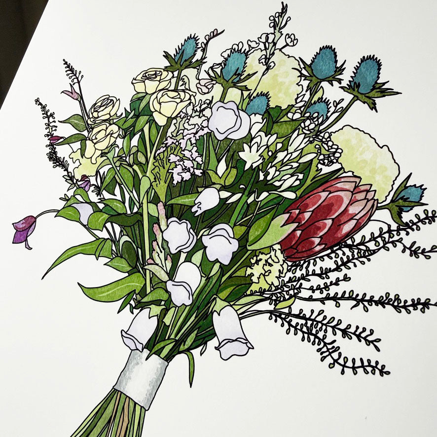 Photo of a printed illustration of a bouquet of flowers with greenery on a white background