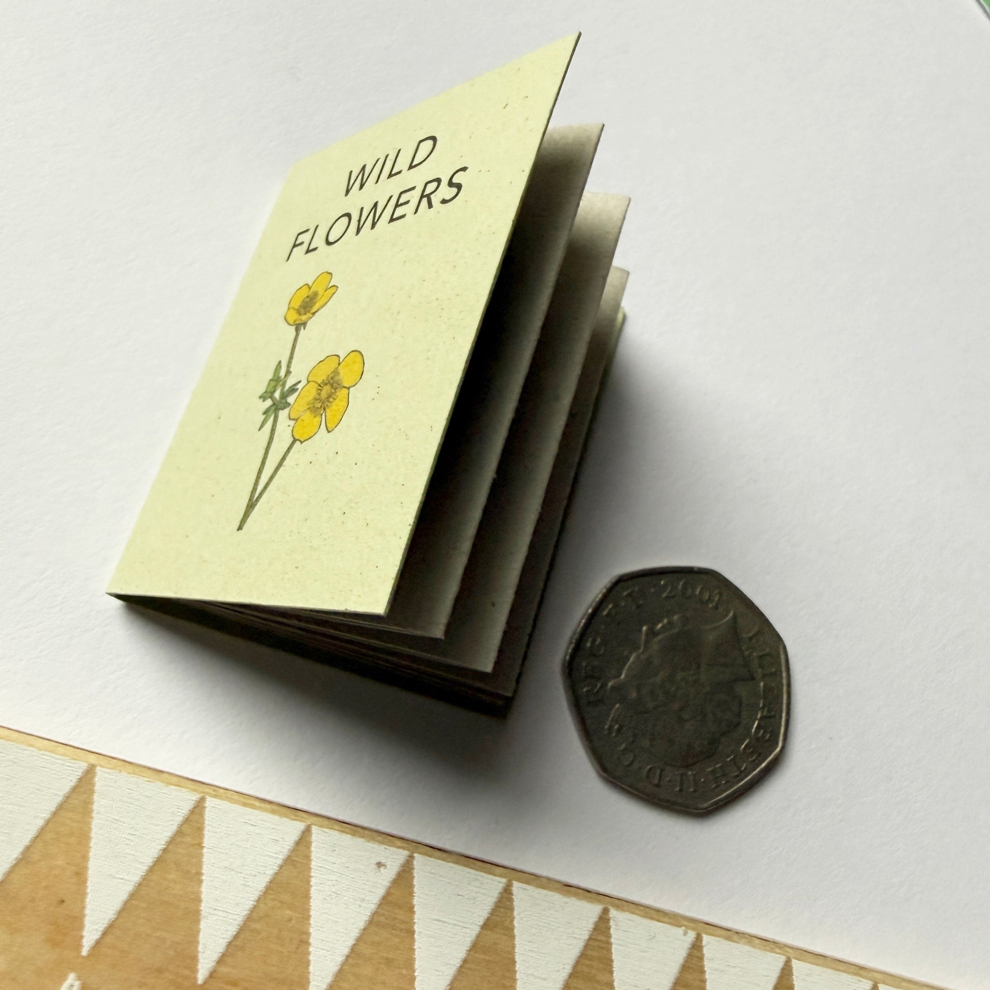 Tiny book titled 'Wild Flowers' with illustrations on a white background