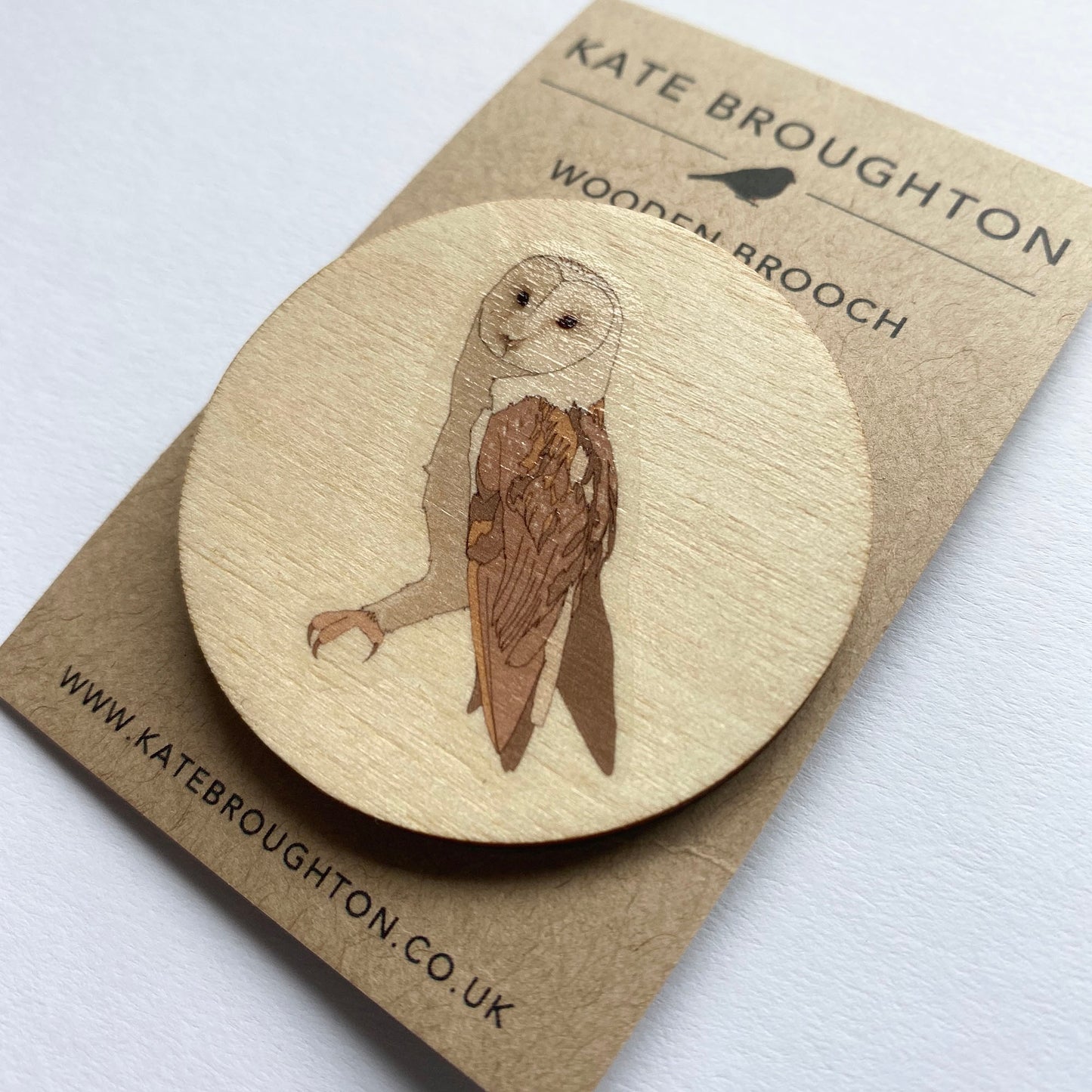 Barn owl wooden brooch