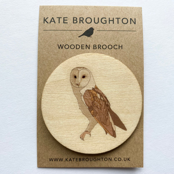 Barn owl wooden brooch