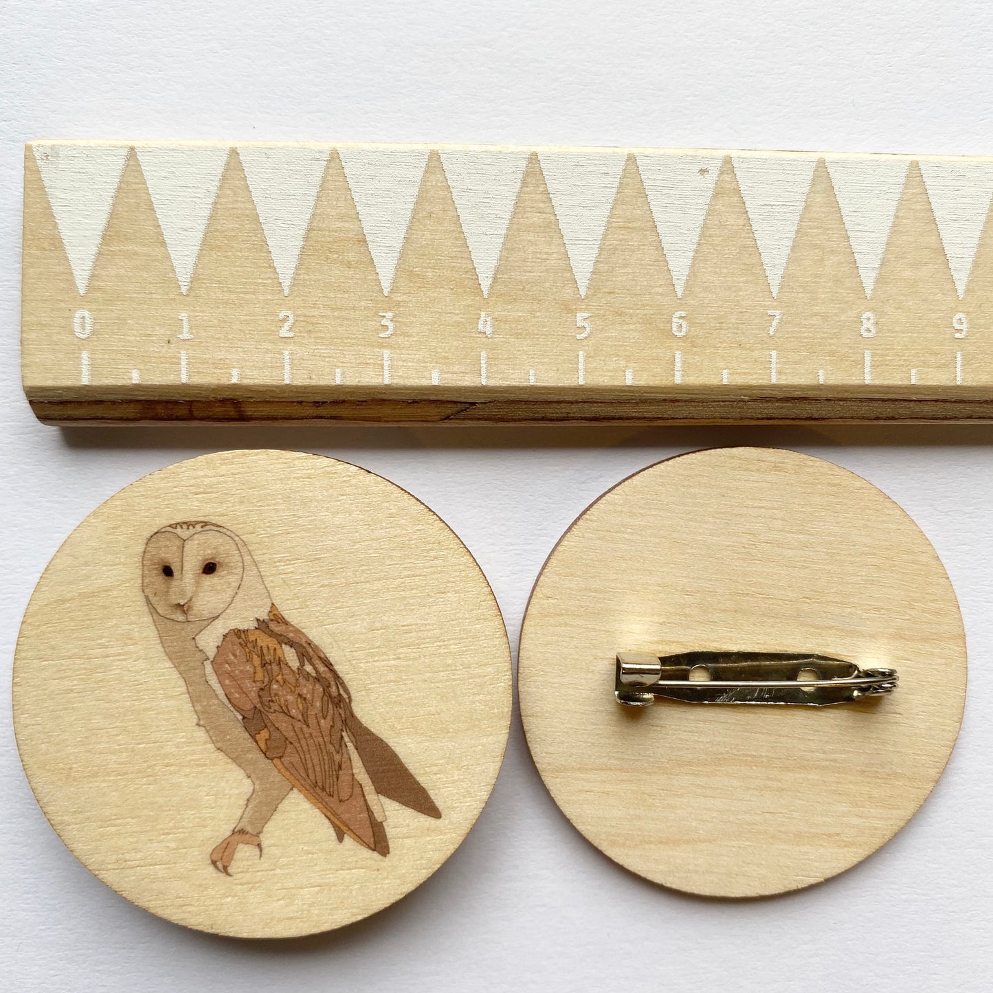 Barn owl wooden brooch