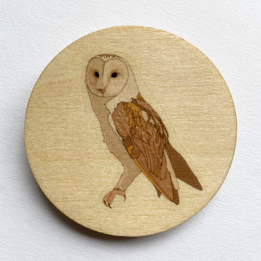 Barn owl wooden brooch