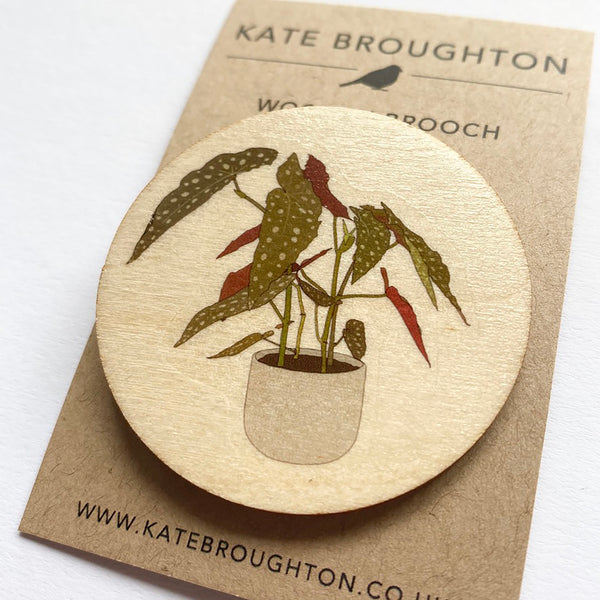 Begonia plant wooden brooch