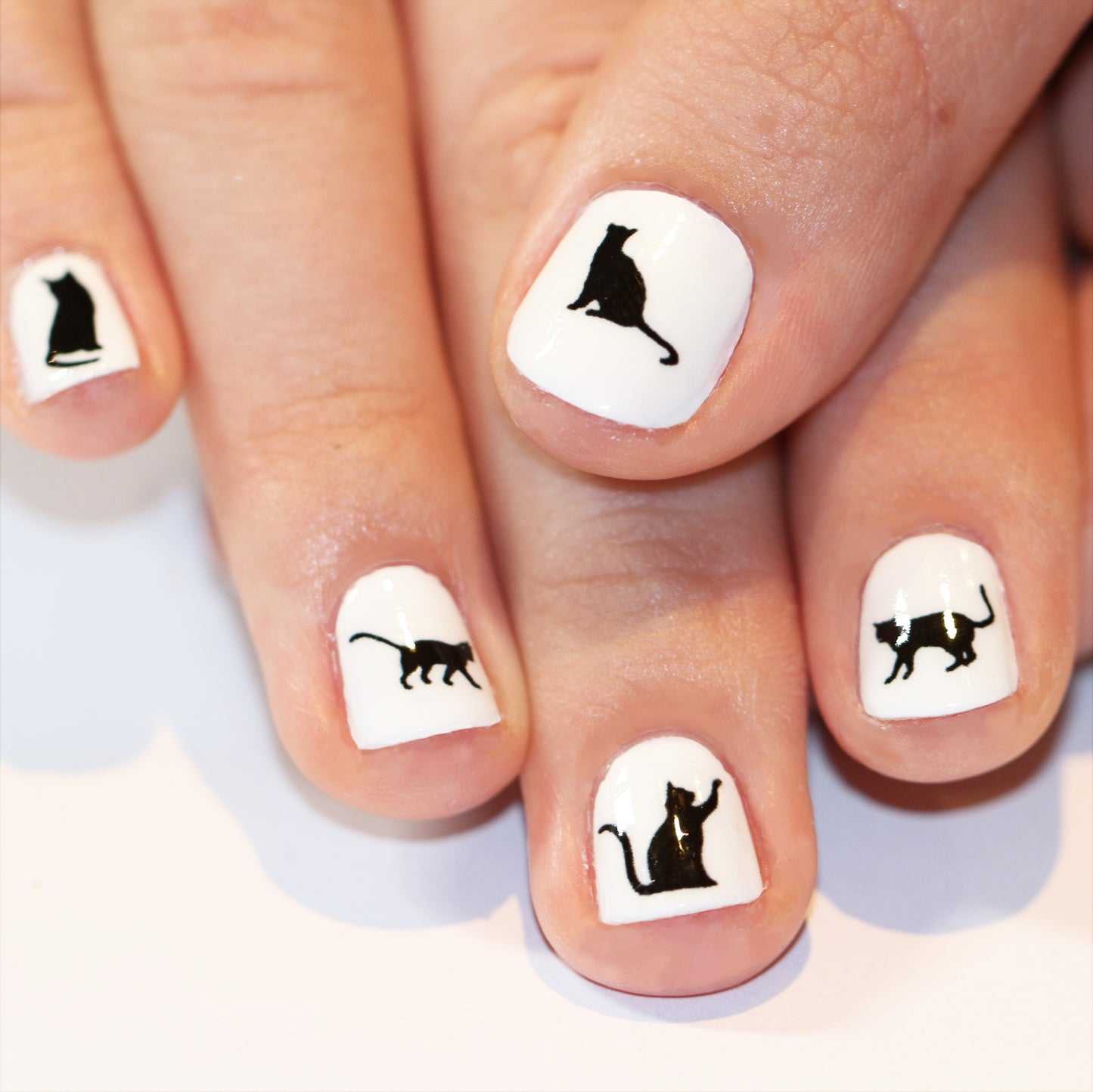 Cat Nail Art Transfers -black cats shown on finger nails - Kate broughton