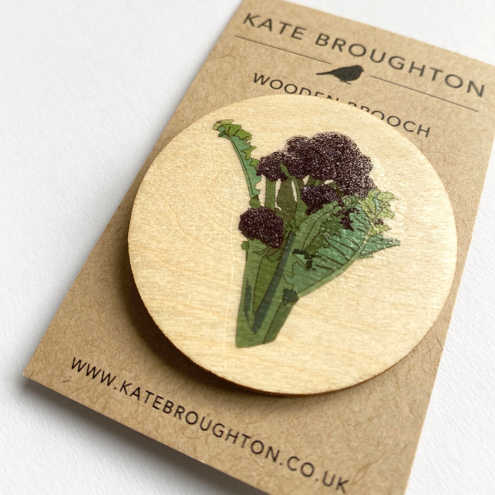 Purple Sprouting Broccoli wooden brooch - katebroughton