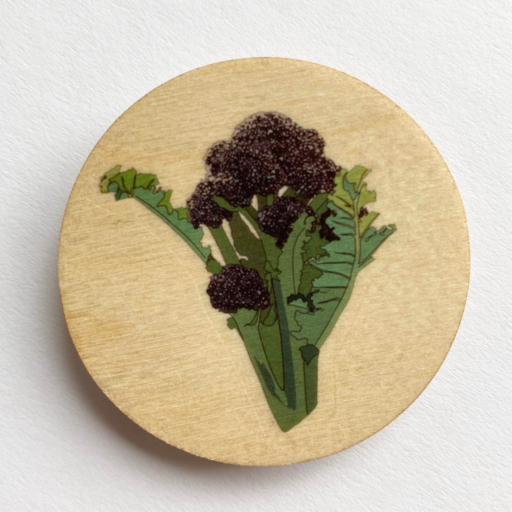 Purple Sprouting Broccoli wooden brooch - katebroughton