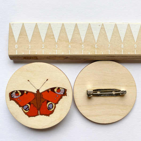 Peacock Butterfly wooden brooch
