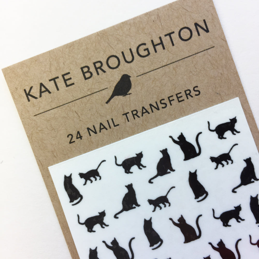 Cat Nail Art Transfers - close up photo of nail decals with recycled card label -Kate broughton