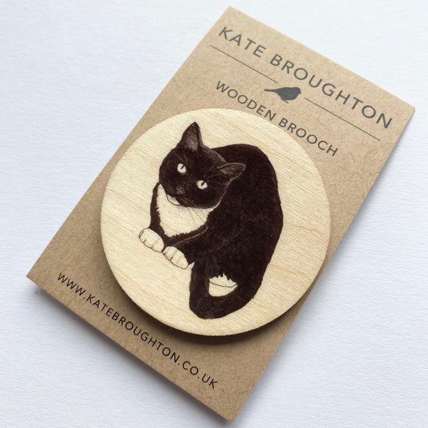 Black and White Cat wooden brooch