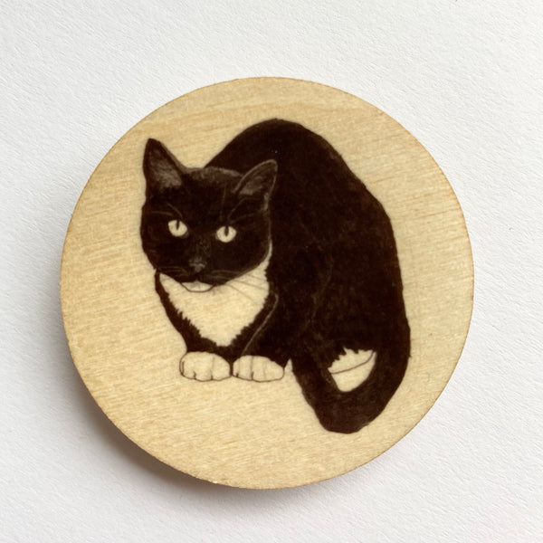 Black and White Cat wooden brooch