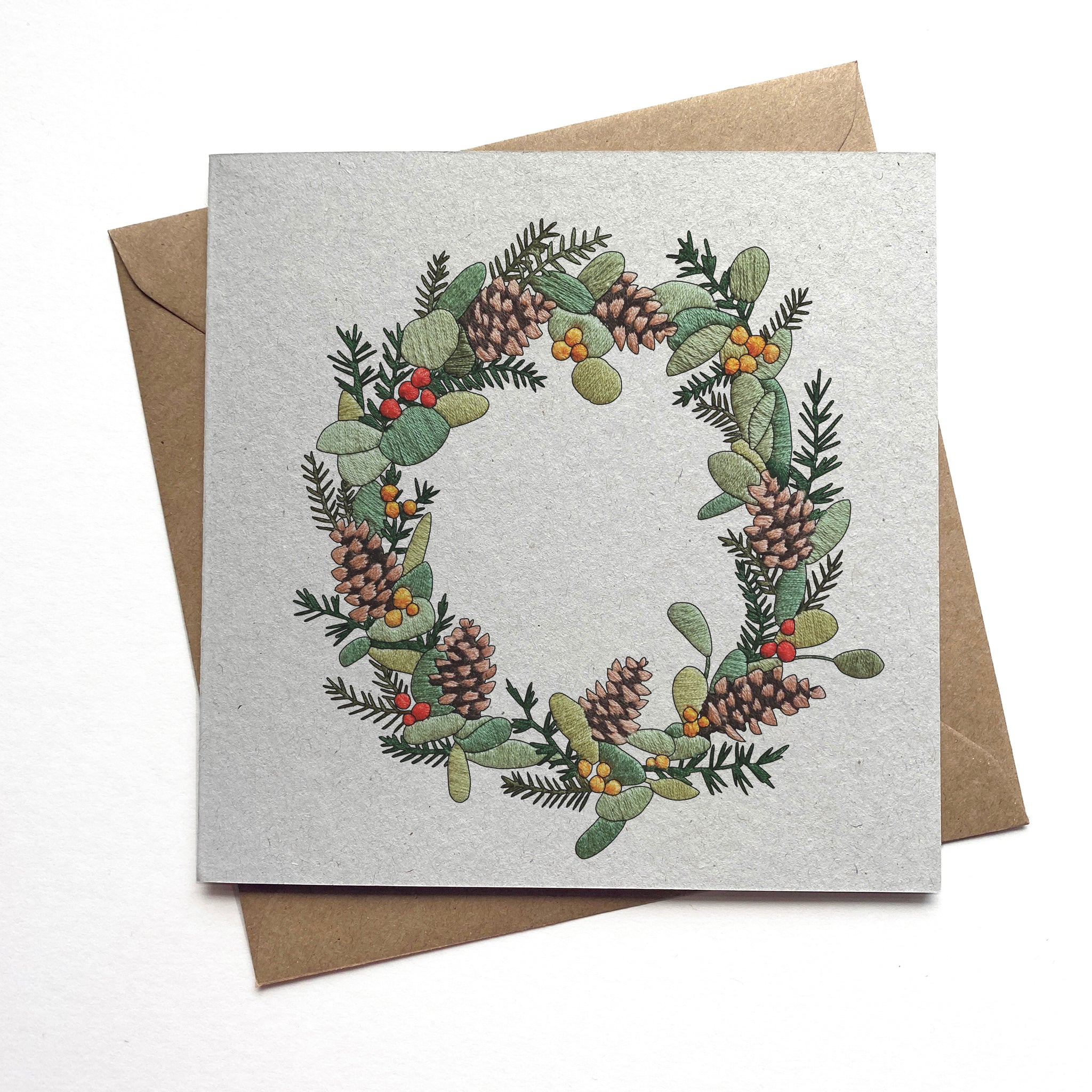 Christmas wreath embroidery printed card