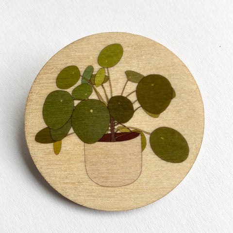 Pilea houseplant wooden brooch