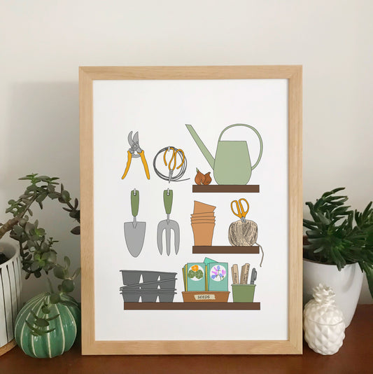 Potting shed shelves print